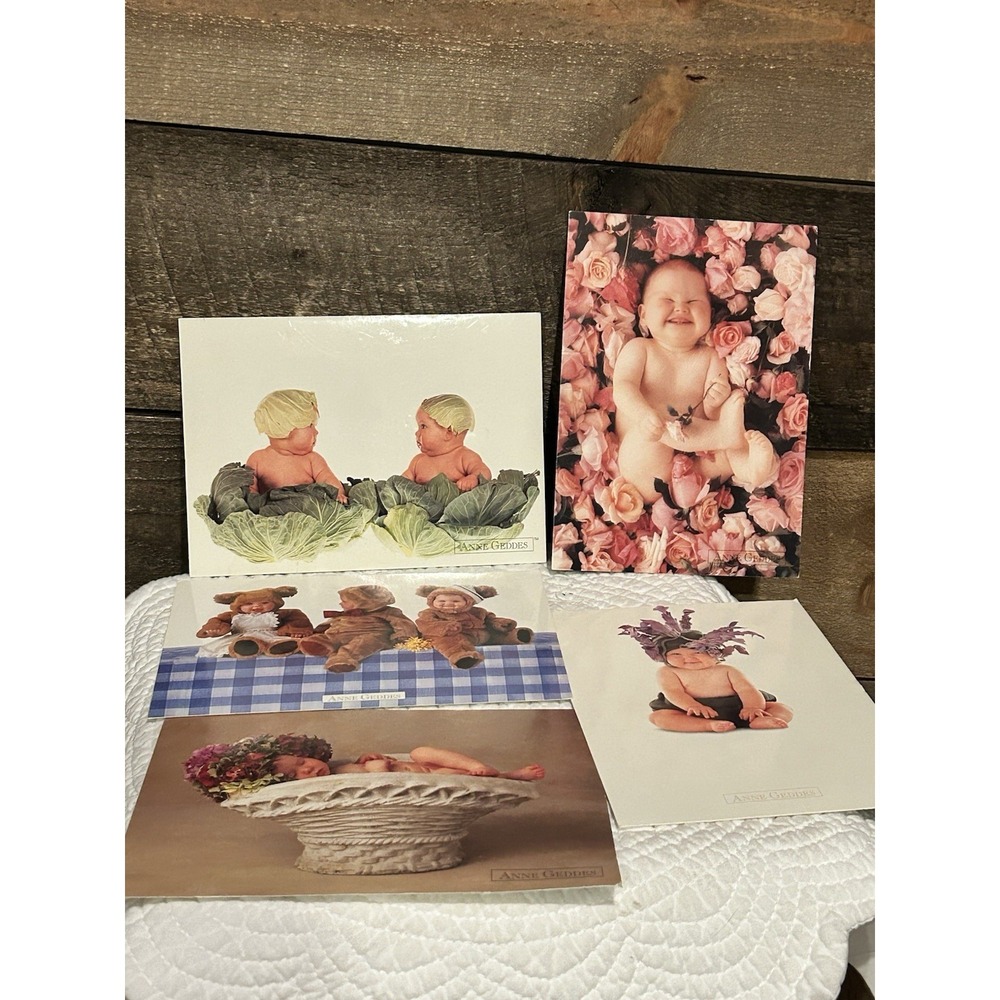 5 VTG Anne Geddes greeting cards from her early–mid 1990s peak era (1993–1995)